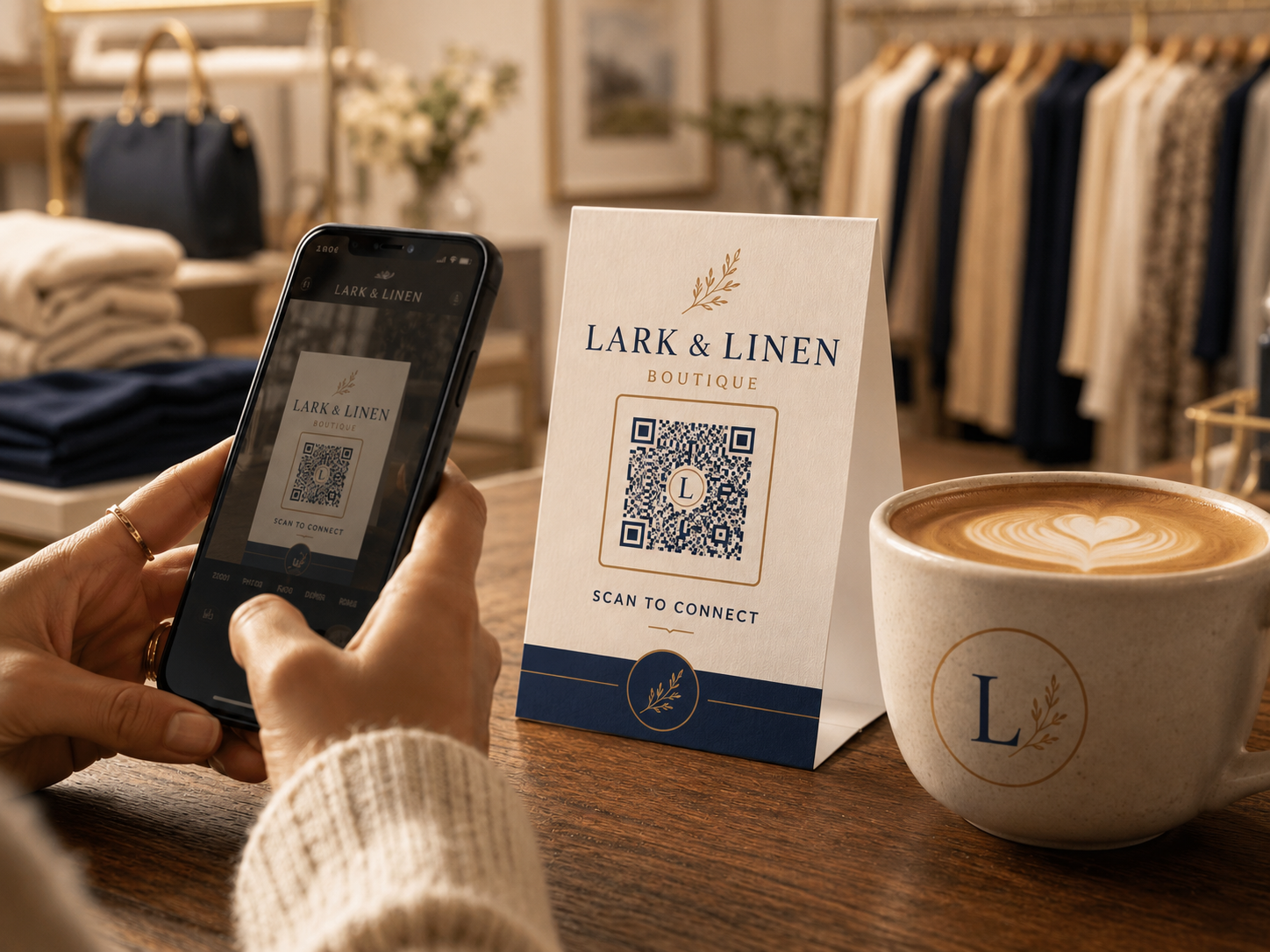 Customer scanning QR code at Lark & Linen Boutique