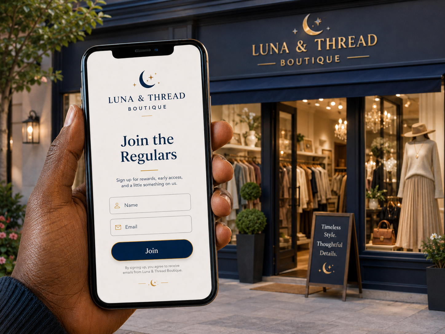 Luna & Thread Boutique signup form on phone