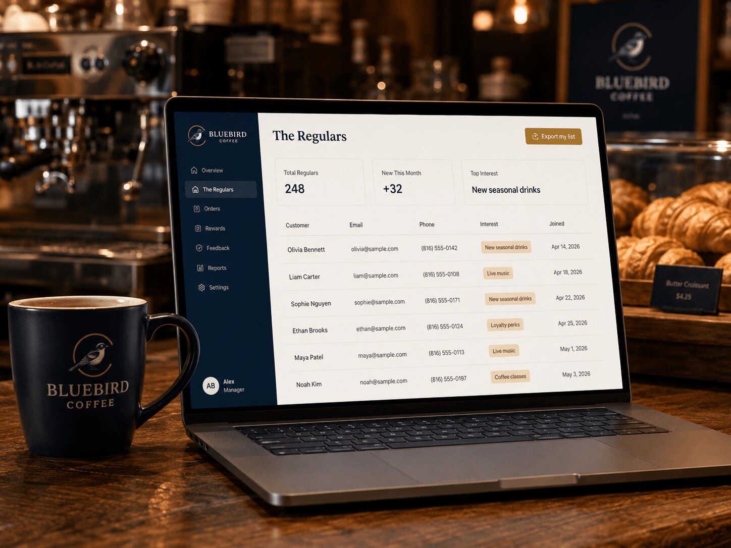 The Regulars owner dashboard on laptop