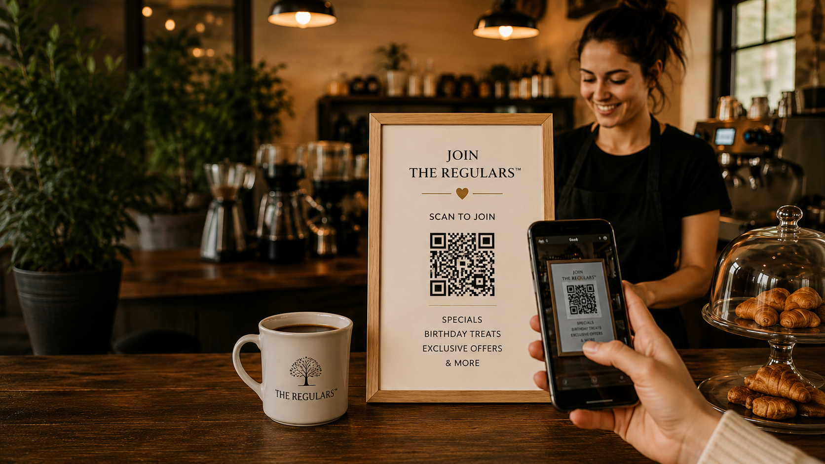 Customer scanning QR code at cafe counter
