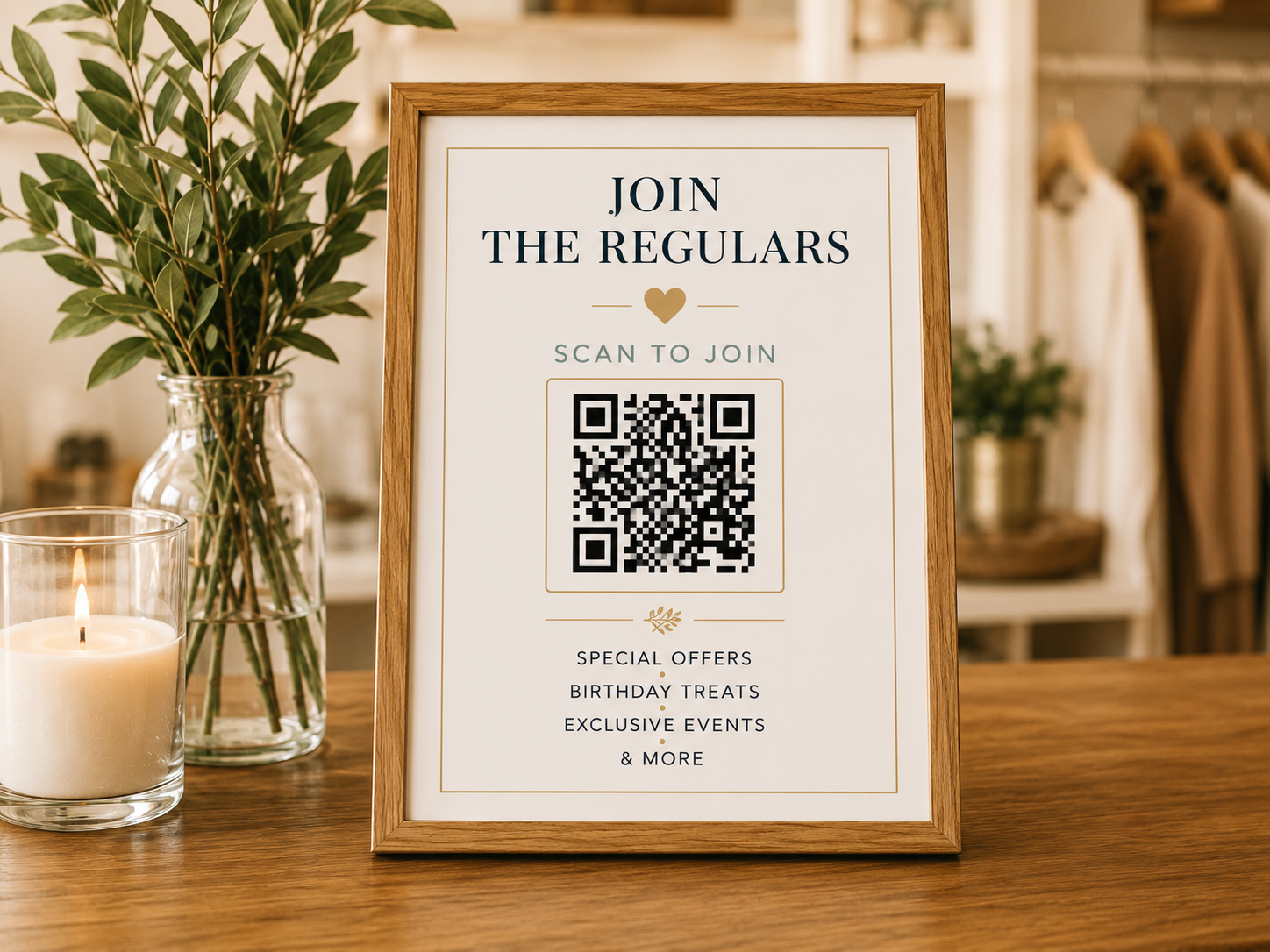 Framed Join the Regulars QR sign on a boutique counter