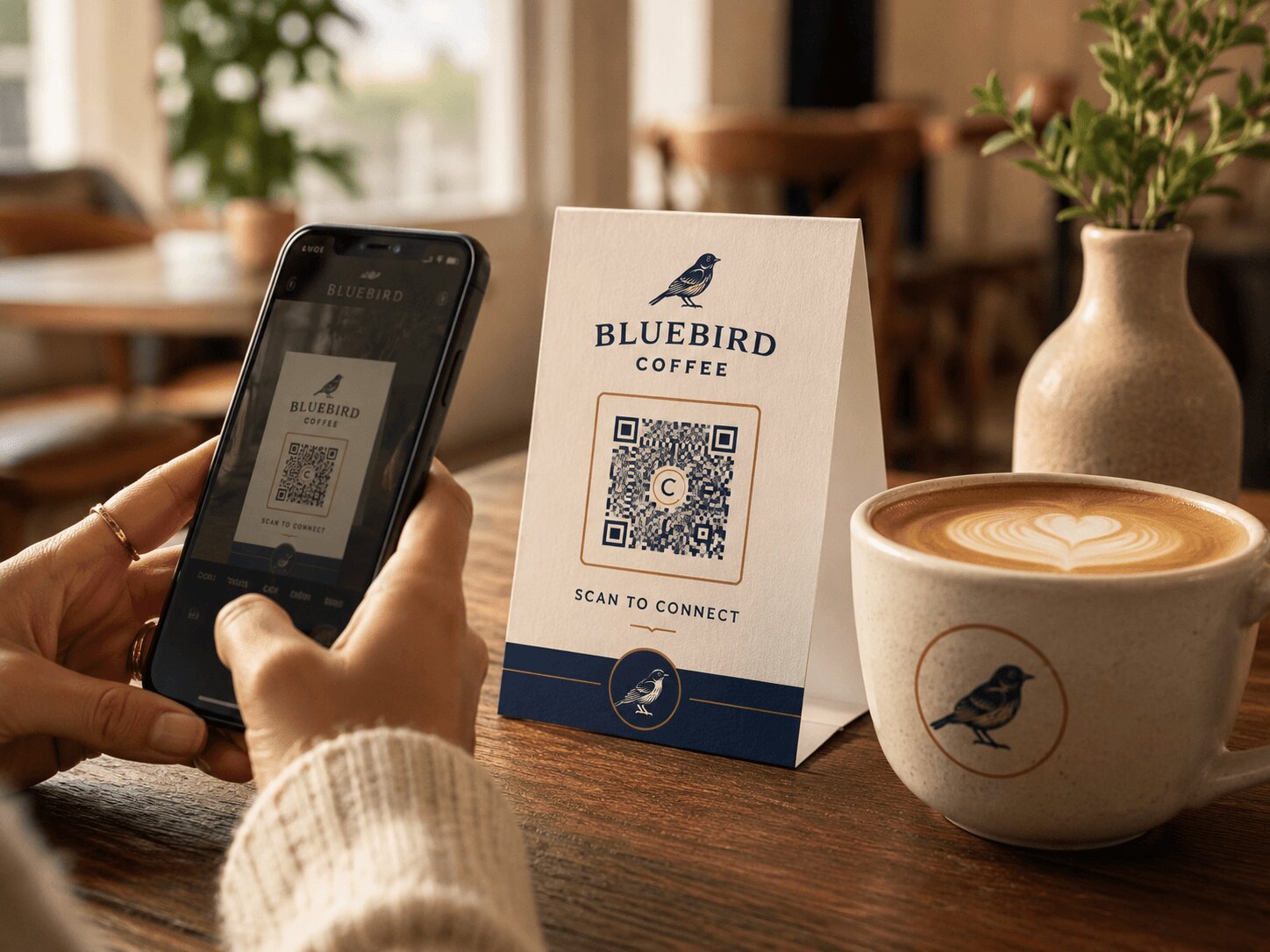 Phone showing Bluebird Coffee's welcome text message